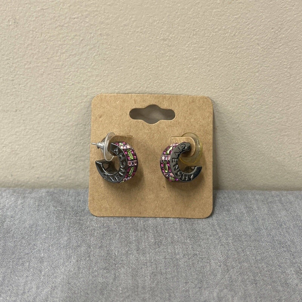 Women Signed Givenchy Earrings, Pewter Tone Rhinestone J Hoop Huggie, Piercing